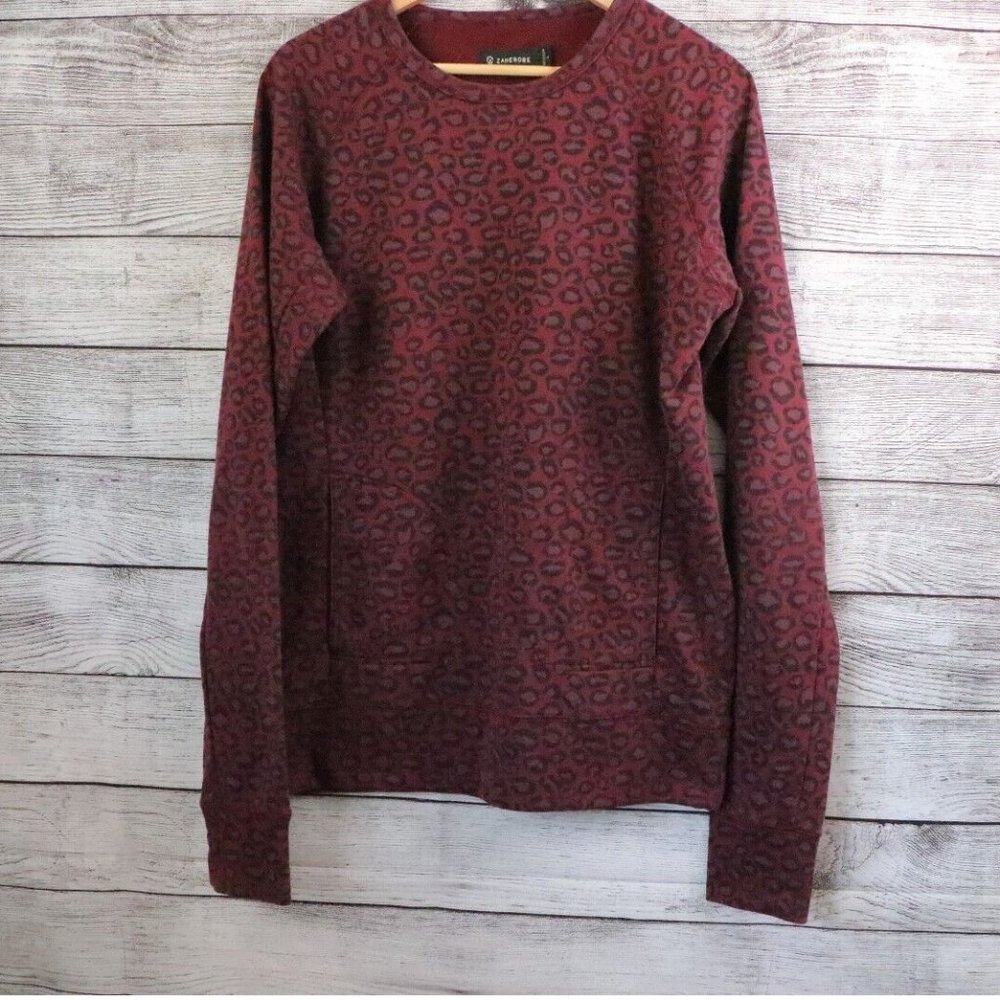 Zanerobe LARGE Burgandy Cheetah Print Double Front Pocket Pullover Sweater